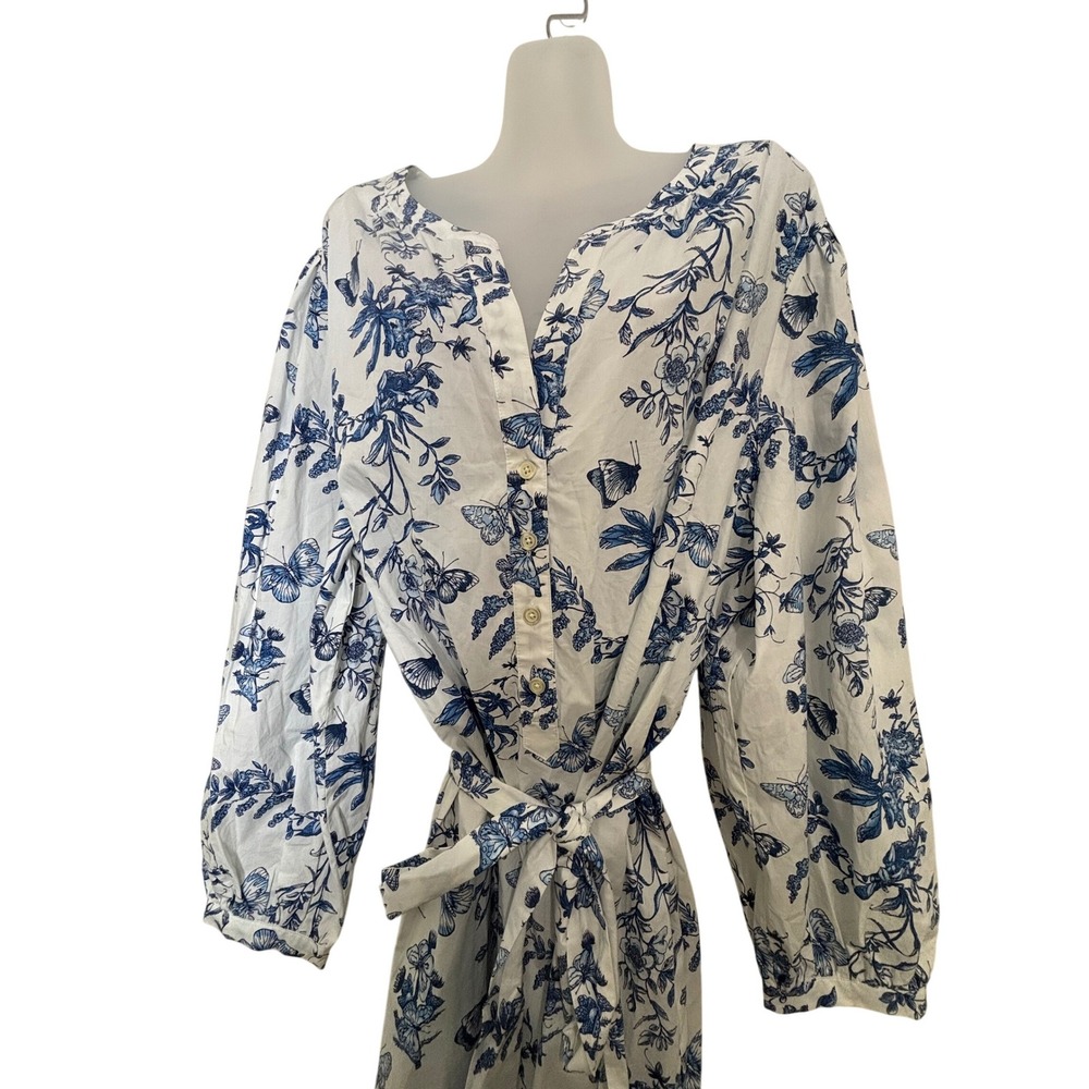 Talbots Plus Petite Blue Floral Butterfly Toile Cotton Shirt Dress 3X NWT